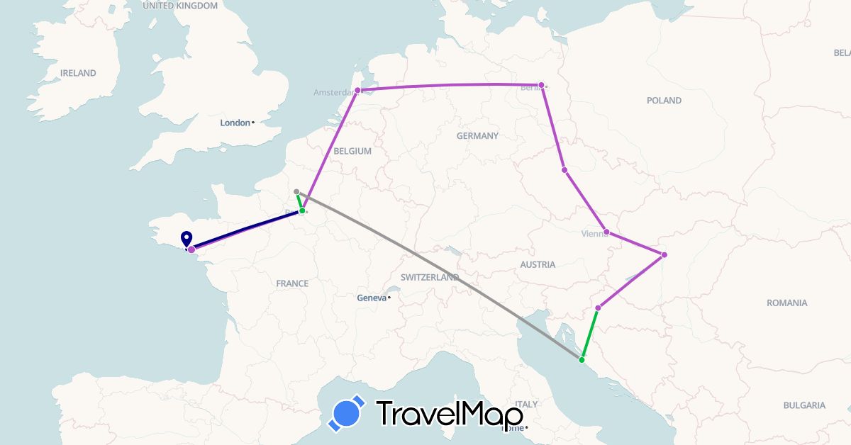 TravelMap itinerary: driving, bus, plane, train in Austria, Czech Republic, Germany, France, Croatia, Hungary, Netherlands (Europe)